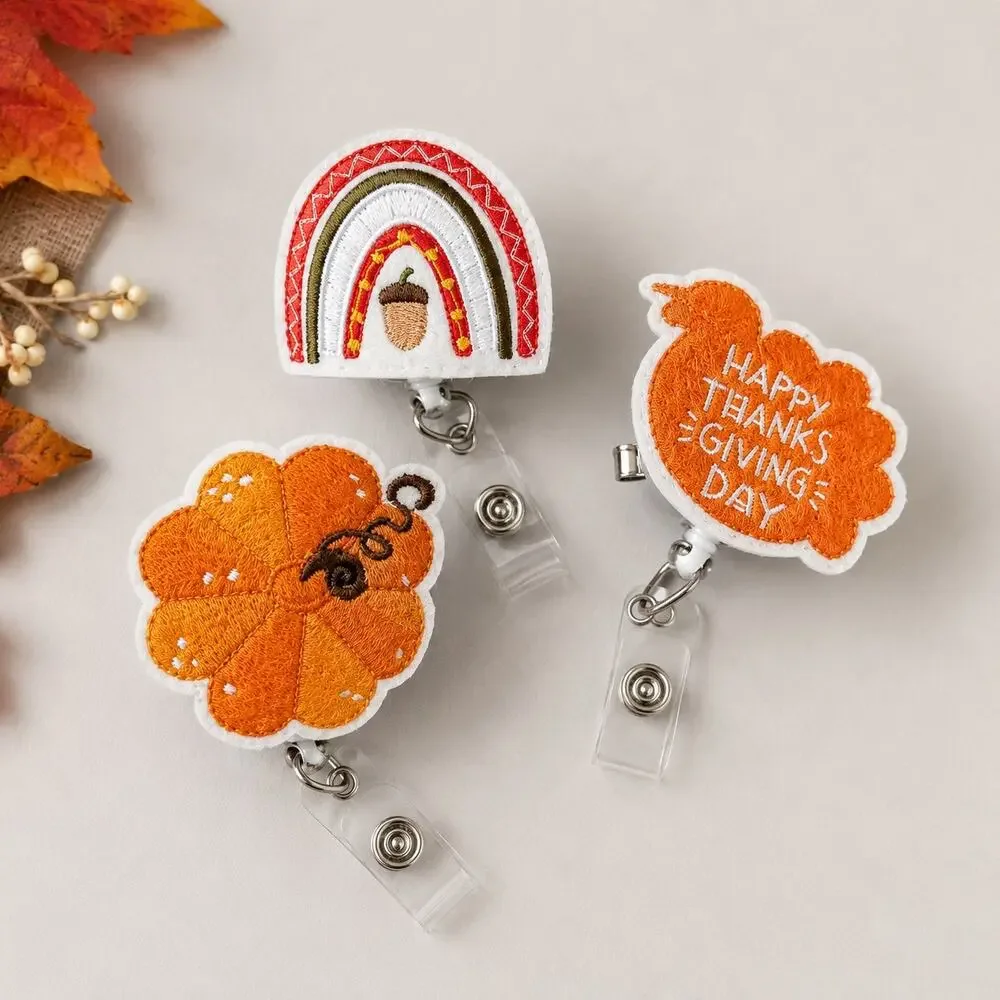 Thanksgiving Retractable Badge Reel Set | 3 Embroidered Fall Nurse ID: rainbow